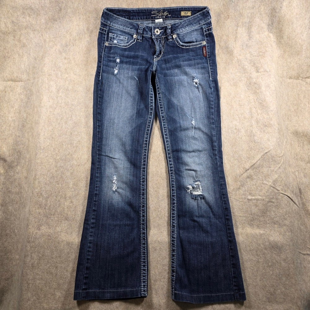 Silver Jeans Co Lola Flare Dark Wash Distressed Low Rise Denim Jeans